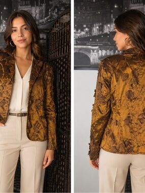 Keywords: blazer vintage, floral blazer, gold satin jacket